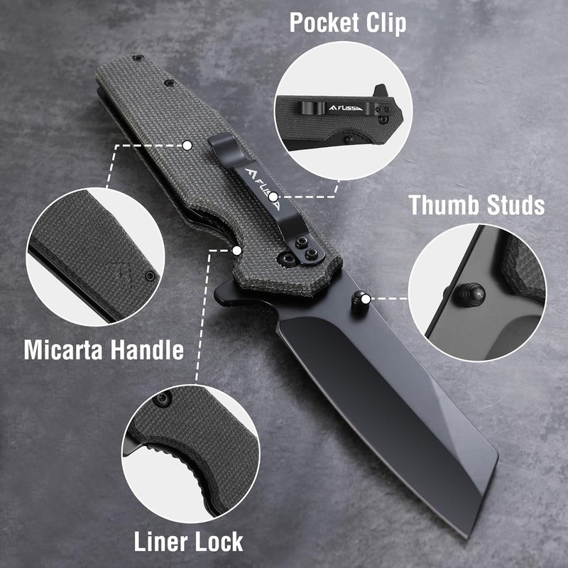 FLISSA Pocket Knife, 3.5" Folding Stonewash Blade Tactical Knife, Micarta Handle, for Outdoor, Survival, Hunting and Camping, Great Gifts for Dad - Image 3